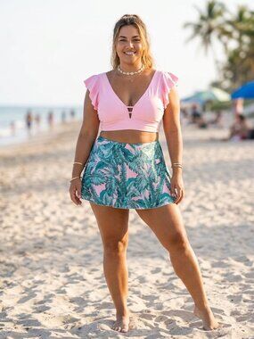 Swimsuit Size 2XL Pink Aqua 2 pc (Lily P style palm leaves) EXC COND!